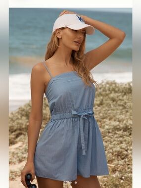 Anthropologie Blue Striped Poplin Romper | Tie Waist Sleeveless | XL